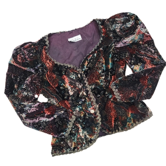 80s VINTAGE SHUET YOUNG For HW, Black Floral Velour Teddy Jacket, US Women's 6 - Picture 2 of 12
